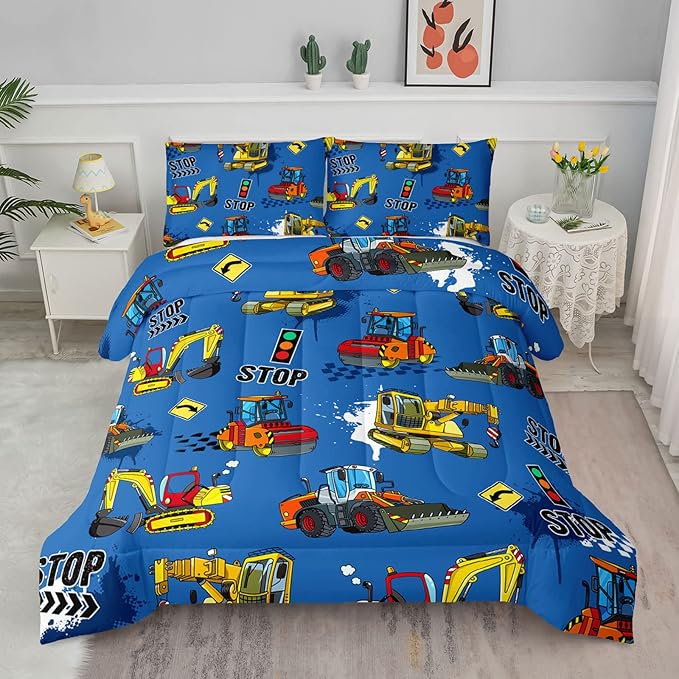 Axolotl Blue Excavator Bedding Full,3Pcs Boys Construction Comforter Set,Cartoon Machinery Truck Bedding Set for Boys Kids Children Teens Bedroom Decor Cars Quilt Set with 1 Comforter 2 Pillowcase