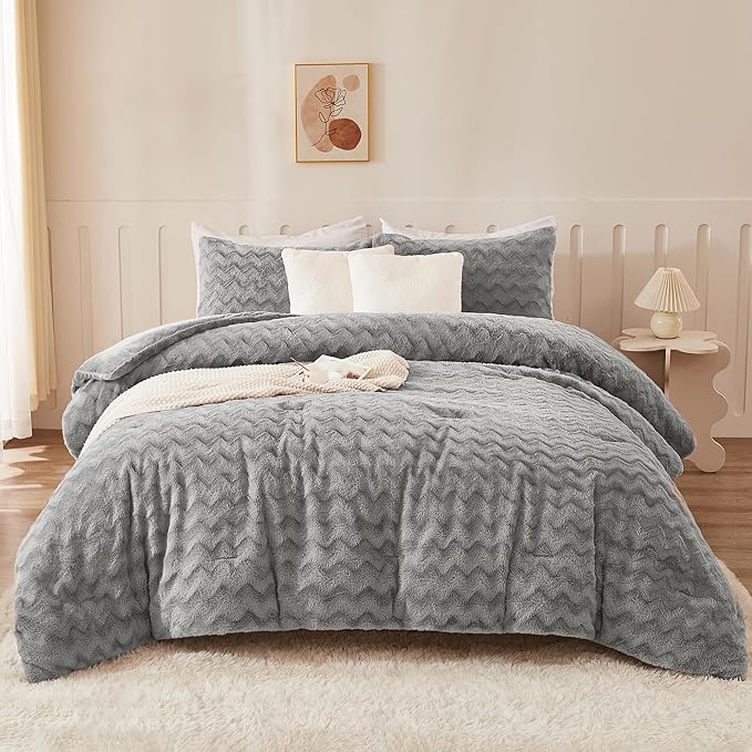 Andency Grey Fleece Comforter Set Queen Size, 3 Pieces Fuzzy Fluffy Faux Fur Bedding Comforter Set for Queen Bed, Warm Plush Shaggy Sherpa Bed Set for Women Man