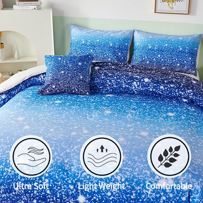 RYNGHIPY 6Pcs Gradient Aqua Blue Navy Ombre Comforter Sets with Sheets Pillowcases, Full Size Sparkle Glitter Design Comforter Bedding Collections for Kids Boys and Girls