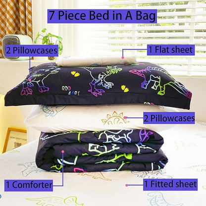 7 Piece Dinosaur Comforter Set -Twin Size for Boys 3D Print Sketch Dinosaur Bedding Set Bed in A Bag for Kids Teens Rainbow-Colored Gradient Line Animal Comforter