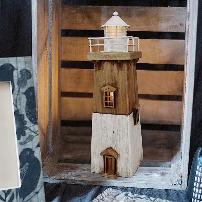 Linfevisi Wood Lighthouse Decor Rustic LED Light House Decor Wooden Decorative Nautical Lighthouse Statue Coastal Beach Themed Lighthouse Handcrafted Tabletop Decoration Home Bathroom (13.78")
