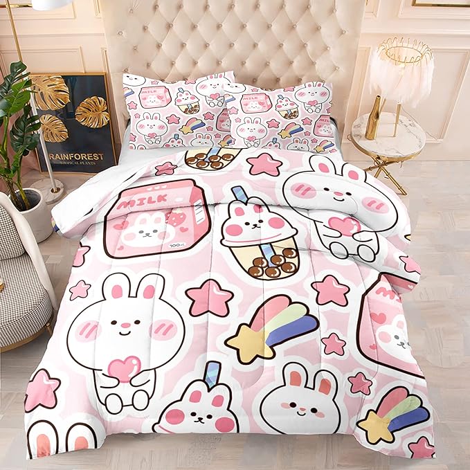 CVHOUSE Kawaii Bedding Full Size,Kawaii Rabbit Bedding Set for Girls Kids,Cute Rabbit Comforter Set Kawaii Rabbit Duvet Set Rabbit Pattren Quilt Set Girls Room Decor 3 Pieces