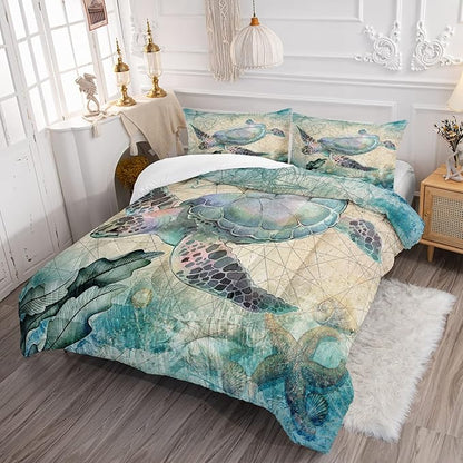 CVHOUSE Sea Turtle Comforter Set,Ocean Sea Turtle Bedding Set for Kids Teens,Ocean Sea Turtle Comforter Sea Turtle Duvet Set Room Decor Quilt Set Queen Size
