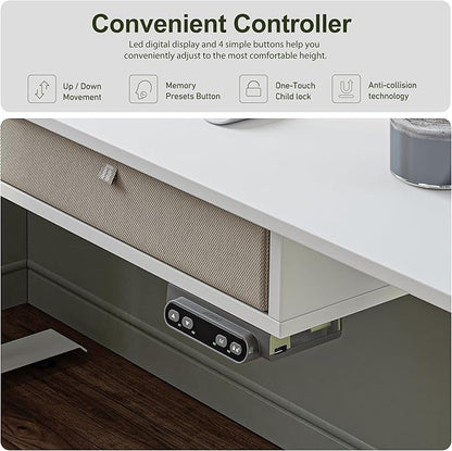 BANTI Height Adjustable Electric Standing Desk with 4 Drawers, 55 x 24 Inch Table with Storage Shelf, Sit Stand Desk, White Top