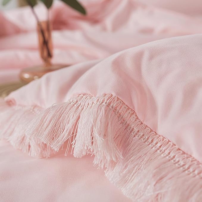 Andency Pink Tassel Comforter Set Full(79x90Inch), 3 Pieces(1 boho Comforter, 2 Pillowcases) Farmhouse Shabby Chic Comforter Set, Soft Microfiber Lightweight Fringe Bedding Comforter Set