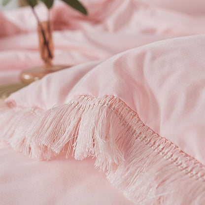 Andency Pink Comforter Set California King for Girls, Boho Women Tassel Lightweight Bedding Comforter Sets, 3 Pieces All Season Soft Fluffy Fringe Bed Set (104x96In Comforter & 2 Pillowcases)