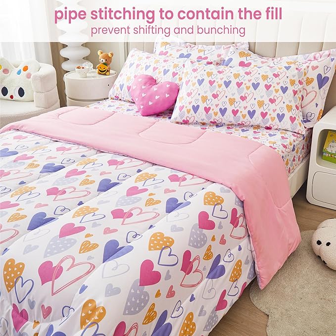 Mooreeke Twin Size Comforter Sets for Girls Kids, 6 Pieces Bed in a Bag Pink Heart Bedding Comforter Sheet Set with Shams and Decorative Toy Pillow, Ultral Soft Microfiber Kids Bed Set