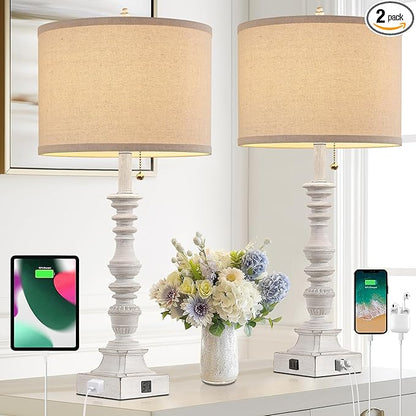 Farmhouse Table Lamps for Bedroom Set of 2, 29.5" Tall Rustic Bedside Lamp with USB Ports and AC Outlet, Vintage Nightstand Table Lamp for Living Room with Linen Drum Shade, White, Pull Chain