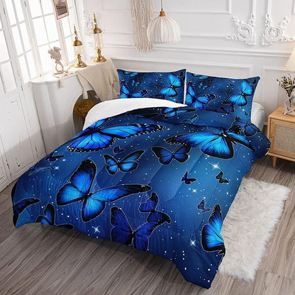 Datura home Blue Butterfly Comforter Set for Girls Women,Bright Blue Butterflies in Blue Sky with Stars Printed Bedding Set with 2 Pillowcases(Butterfly Blue Queen)