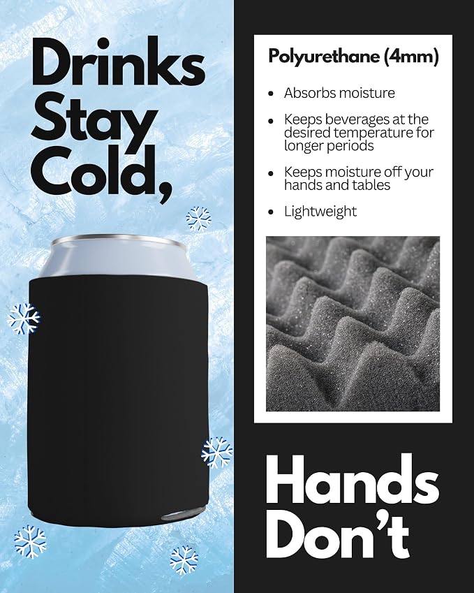 PartyPrints 25 Pack Black Blank Can Cooler Sleeves, Customizable Bulk Insulated Foam for Beer, Collapsible Plain Drink Holder, Cold Soda Insulator, 12oz Regular, 16oz Tall Cans