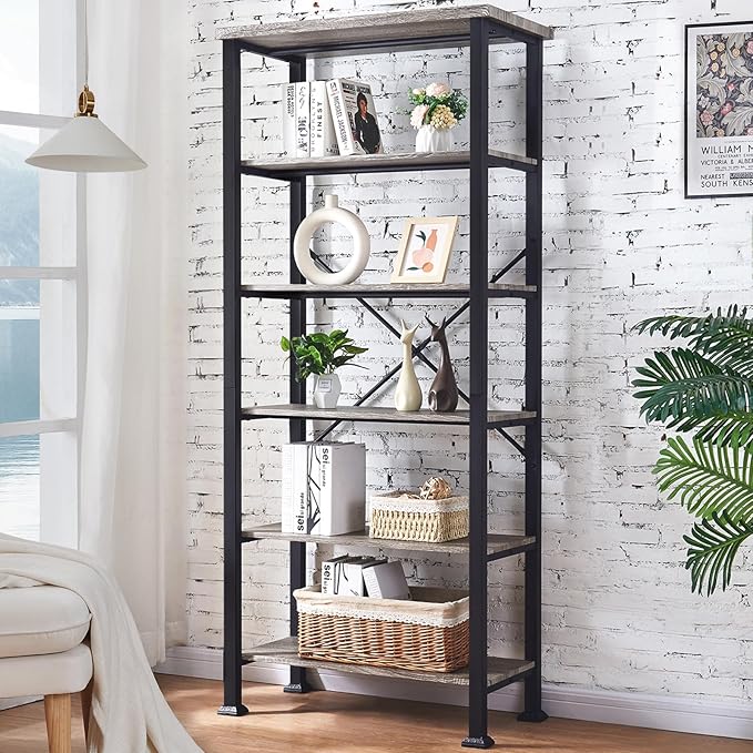 HOMBAZAAR Bookshelf, 6-Tier Vintage Industrial Book Shelf, Rustic Wood and Metal Bookcase and Bookshelves, Free Standing Storage Large Bookshelf for Living Room, Bedroom and Kitchen, Grey Oak