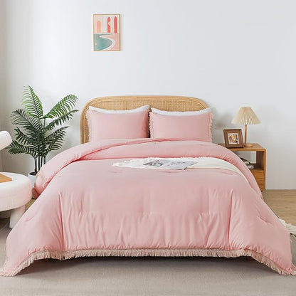 Andency Pink Comforter Set King Size for Girls, Boho Women Tassel Lightweight Bedding Comforter Sets, 3 Pieces All Season Soft Fluffy Fringe Bed Set (104x90In Comforter & 2 Pillowcases)