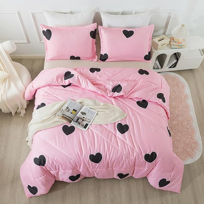 Love Pattern Girls Pink Comforter Set King Size, Blush Pink Cute Love Heart Sexy Comforter Bedding Set for All Seasons, Soft Microfiber 3 Pieces Comforter Set with Pillowcases