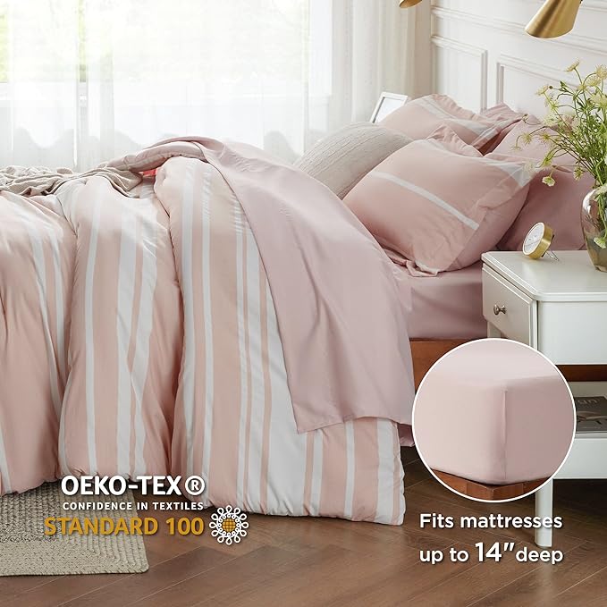Bedsure Bed in a Bag King Size 7 Pieces, Light Pink White Striped Bedding Comforter Sets All Season Bed Set, 2 Pillow Shams, Flat Sheet, Fitted Sheet and 2 Pillowcases