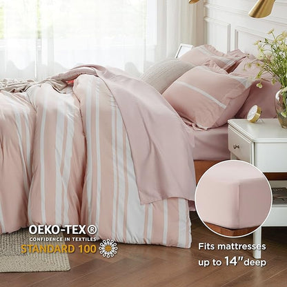 Bedsure Light Pink Comforter Set Queen 7 Pieces, Light Pink White Striped Bedding Sets All Season Bed in a Bag, 2 Pillow Shams, Flat Sheet, Fitted Sheet and 2 Pillowcases