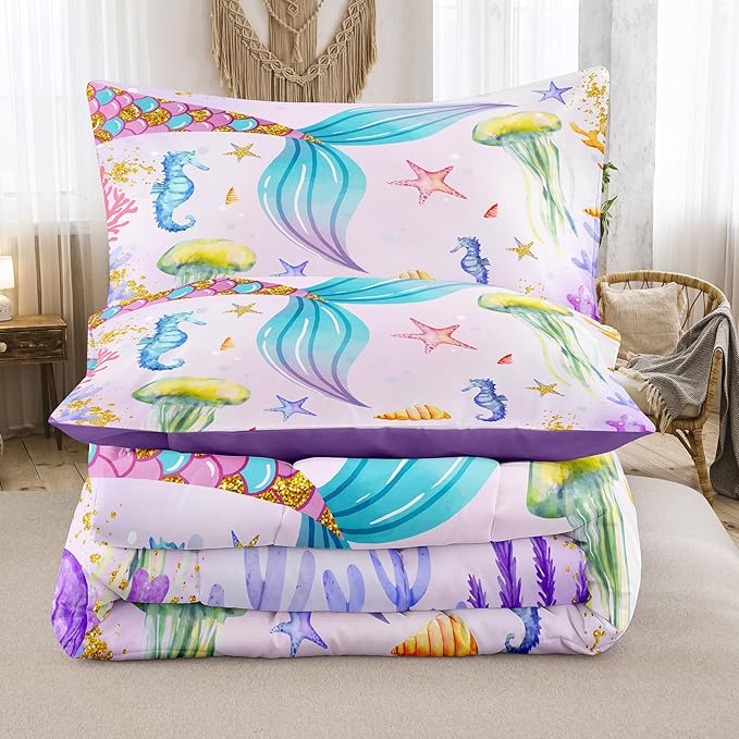 NINENINE Girls Mermaid Bedding Set,Mermaid Tail Comforter Set,Twin Size Bedding Sets for Girls,Princess Toddler Bedding Sets for Girls with 1 Comforter 1 Pillowcase…