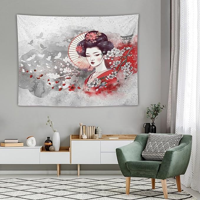 Japanese Geisha Tapestry Asian Red Cherry Blossom Traditional Kimono Folk Tapestries Home Decor for Living Room Bedroom Apartment Farmhouse Dorm 80"x60"