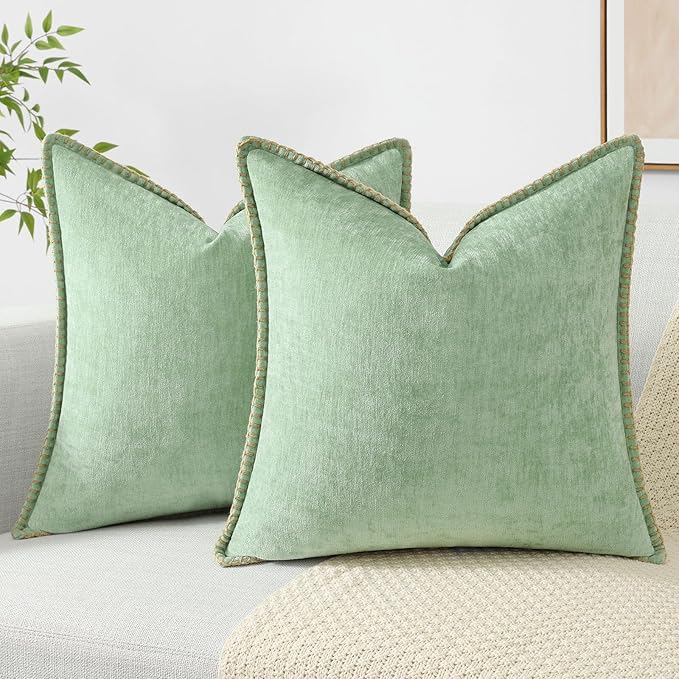 decorUhome Chenille Soft Throw Pillow Covers 24x24 Set of 2, Farmhouse Velvet Neutral Decorative Euro Pillow Covers with Stitched Edge for Couch Sofa Bed Home Decor, Sage Green