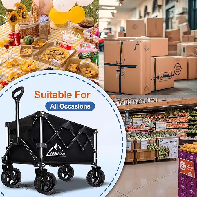 Collapsible Wagon Cart with Wheels Foldable, Folding Wagons Carts with Silent Universal Wheels, Large Grocery Cart On Wheels, Heavy Duty Utility Wagon for Shopping Beach Sports Fishing Camping, 130L