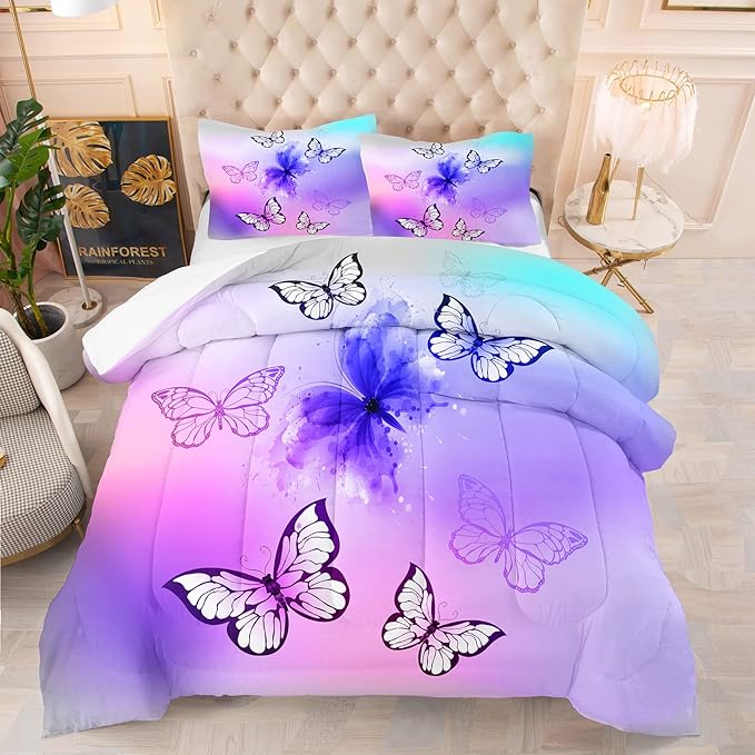 Tailor Shop Twin Bedding Sets for Girls,Pink Butterfly Comforter Set Butterfly Bedding Sets for Kids Teens,Tie Dye Butterflies Bed Set,with 1 Comforter and 2 Matching Pillowcase…