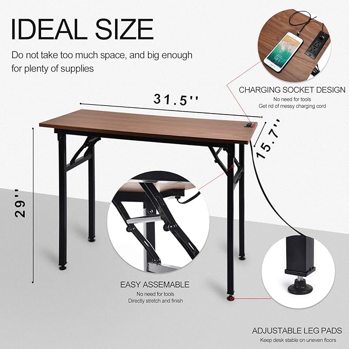 Frylr Small Folding Computer Desk 31.5''LX 15.7''X 29'' with 2 Power Sockets and 2.1A USB Charging Ports, Home Office Desk Portable Writing Desks for Small Space, Foldable Desk, Walnut