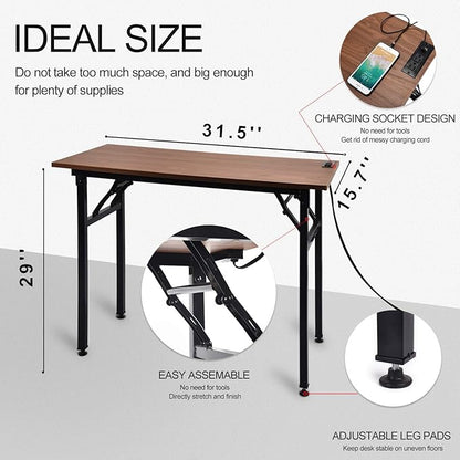 Frylr Small Folding Computer Desk 31.5''LX 15.7''X 29'' with 2 Power Sockets and 2.1A USB Charging Ports, Home Office Desk Portable Writing Desks for Small Space, Foldable Desk, Walnut