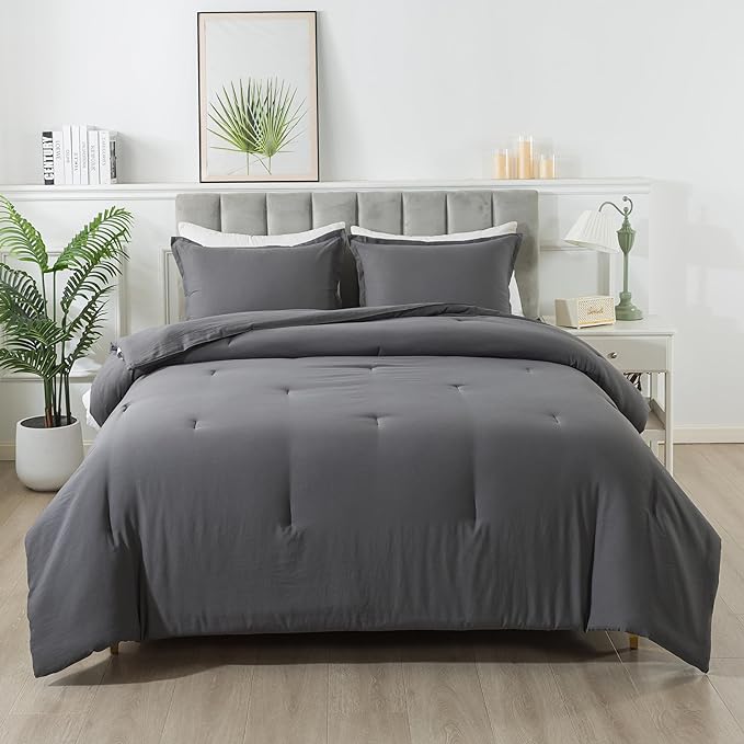 Dark Gray Comforter Set Full, Solid Grey Down Alternative Bedding Comforter Set, Breathable Fluffy Microfiber Comforter Full Size (79"x90") for All Seasons with Pillowcase