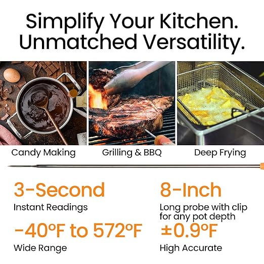 Candy & Meat Thermometer with Type-C Rechargeable Digital Instant Reading for Candy Making, BBQ, Deep Frying, & Liquids, 8" Long Probe,CT180-L