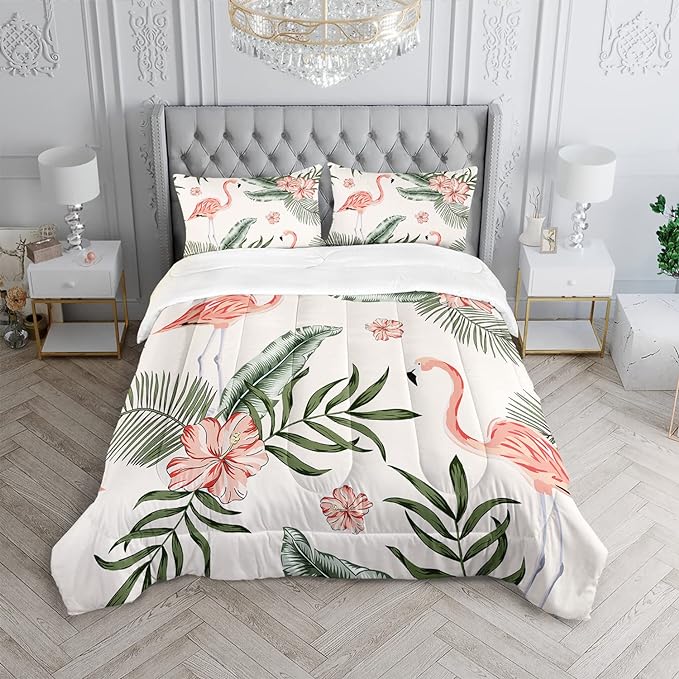 Flamingo Comforter Set Twin Size Tropical Flamingo Palm Tree Leaf Pattern Bedding Set Flower Quilted Duvet for Kids Girls Boys Adult with 1 Comforter and 2 Pillowcases