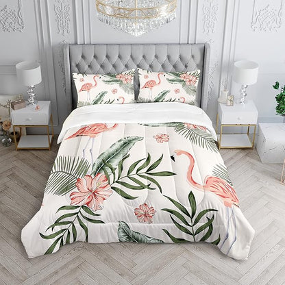 Flamingo Comforter Set Queen Size Tropical Flamingo Palm Tree Leaf Pattern Bedding Set Flower Quilted Duvet for Kids Girls Boys Adult with 1 Comforter and 2 Pillowcases