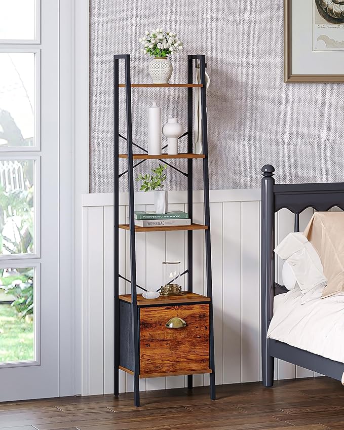 Narrow Bookshelf Bookcase with Drawer, Ladder Shelf with 2 Hooks, Bookshelves Storage Organizer, Freestanding Display Standing for Home Office, Bedroom, 5 Tier Rustic Brown BC19501B