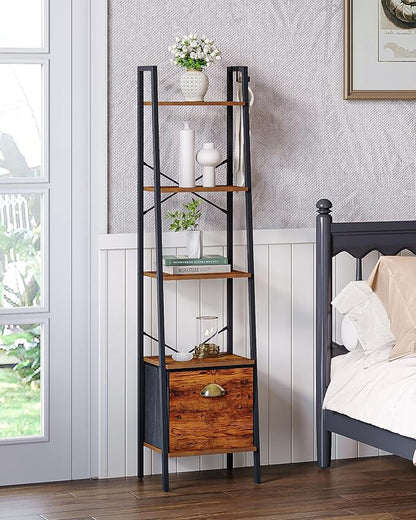 Narrow Bookshelf Bookcase with Drawer, Ladder Shelf with 2 Hooks, Bookshelves Storage Organizer, Freestanding Display Standing for Home Office, Bedroom, 5 Tier Rustic Brown BC19501B