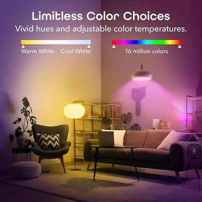Geeni Smart Light Bulbs - Color Changing & Tunable White, Dimmable, Works with Alexa & Google Home, 2.4 GHz WiFi, A19, 800 lm, 4 Pack
