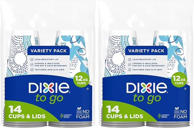 Dixie Paper Coffee Cups With Lids, 12 oz | 14 Count | Pack of 2 | Insulated | For Hot or Cold