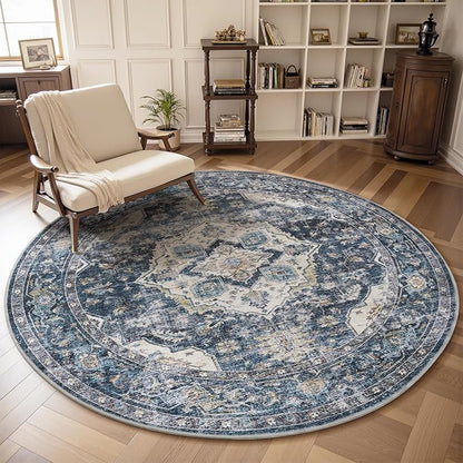 AMOAMI-6FT Round Rug-Rugs for Living Room-Vintage Soft Blue Rugs for Bedroom-Non Slip Circle Rug-Machine Washable Rug for Dining Room Living Room Bedroom Office Under Table