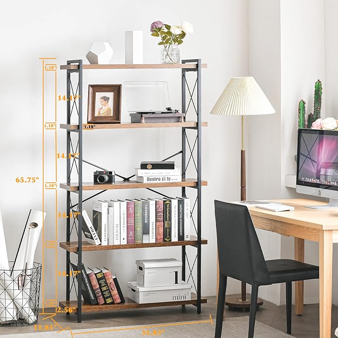 HCHQHS Bookshelf, 5-Tier Industrial Bookcase, Rustic Open Book Shelf, Freestanding Tall Bookshelves with Metal Frame
