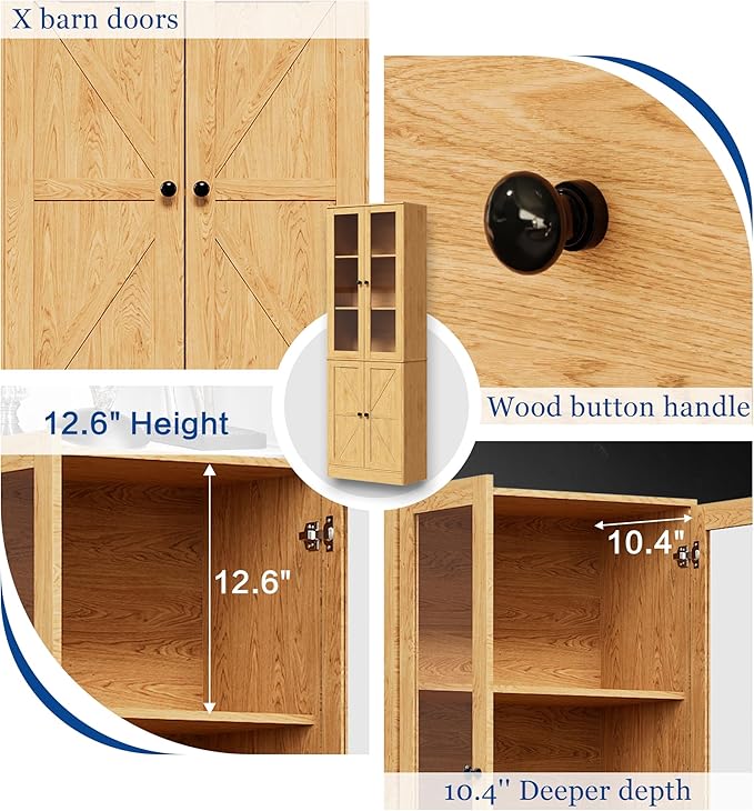 Bookcase with Doors, Tall Cabinets Storage Shelves, 5 Tier Bookshelf with Storage Cabinet, Light Wood Rustic Display Shelf Home Decor Furniture for Office, Living Room, Bedroom, Kitchen, Dining Room