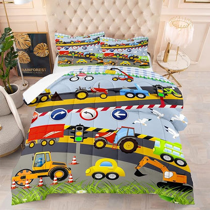 Tailor Shop Construction Vehicle Truck Comforter Set King Size，Cartoon Excavator Bedding Sets Comforter Cover for Boys Childs Kids Teens ，Tractor Mixer Room Decor with 1 Comforter 2 Pillowcases