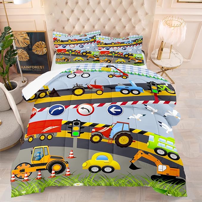 Tailor Shop Construction Vehicle Truck Comforter Set Full Size，Cartoon Excavator Bedding Sets Comforter Cover for Boys Childs Kids Teens ，Tractor Mixer Room Decor with 1 Comforter 2 Pillowcases