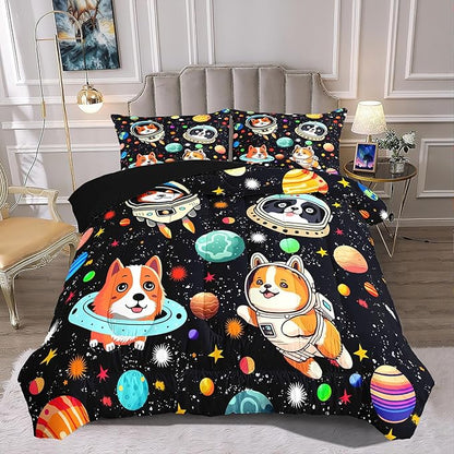 Outer Space Dog Comforter Sets Queen Size Cute Dog Bedding Set Cartoon Dog Astronaut Comforter Sets for Kids Girls Boys Colorful Space Dog Soft Microfiber Queen Bedding Set with 2 Pillowcases