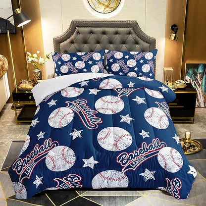 3D Baseballs Comforter King Size,Blue Baseball Kids Comforter Set,3Pcs Bedding Set Printed Comforter with 2 Pillowcases,Down Alternative,Soft and Lightweight,for All Seasons