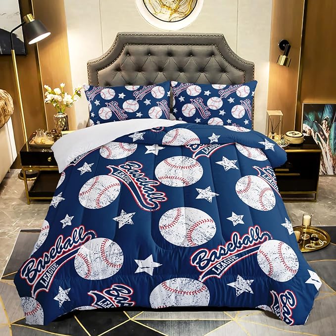 3D Baseballs Comforter Twin Size,Blue Baseball Kids Comforter Set,3Pcs Bedding Set Printed Comforter with 2 Pillowcases,Down Alternative,Soft and Lightweight,for All Seasons