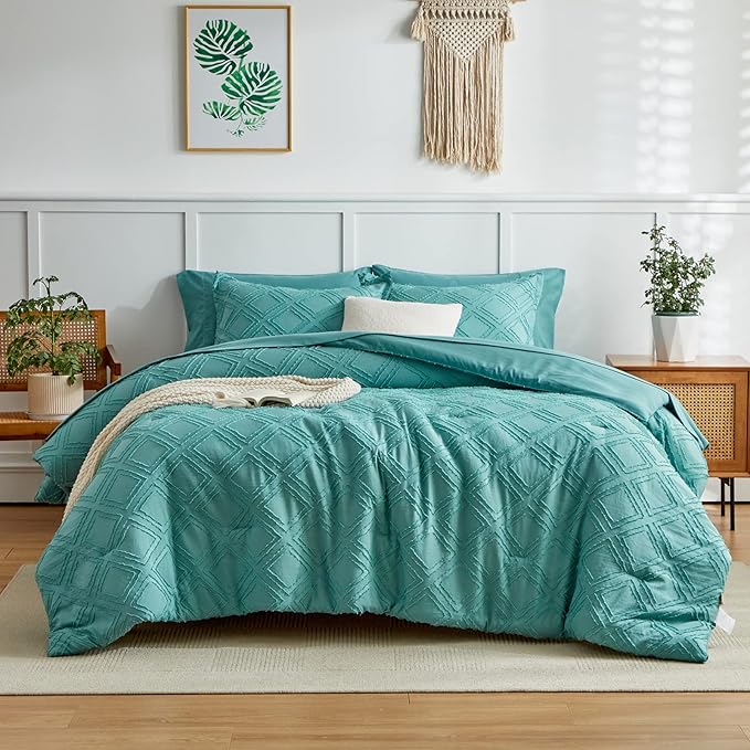 6 Pieces Tufted Bed in a Bag Twin Comforter Set with Sheets Green, Soft and Embroidery Shabby Chic Boho Bohemian Design, Luxury Solid Color with Diamond Pattern, Jacquard Tufts Bedding Set for Kids