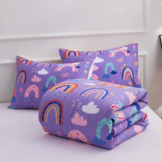 Btargot Lightweight Soft 3 Piece Rainbow Comforter Set with 2 Pillow Covers, Cartoon Love Hearts Flowers and Sun Star Bedding Set for Girls Boys Kids, Twin Dark Purple
