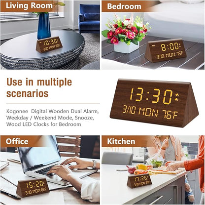 Kogonee Wooden Digital Alarm Clock, 0-100% Dimmer, 2 Alarm Settings, Weekday/Everyday Mode, 9 Mins Snooze, 12/24H, Temperature and Date Display for Office, Travel, Bedroom Alarm Clock (Brown)