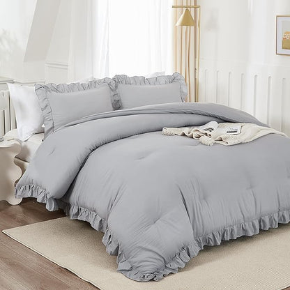 Andency Silver Gray Comforter Set California King Size, 3 Pieces Vintage Shabby Ruffle Bedding Comforter Sets for Cal King Bed, Lightweight Fluffy Soft Microfiber Farmhouse Comforter Set