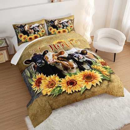 HOSIMA Farmhouse Animal Cow Comforter Western Bedding Sets,Sunflower Comforter for Girls Boys Teens,Cow Print Bedding Room Decor,Floral King Size Comforter Set with 2 Pillowcases.