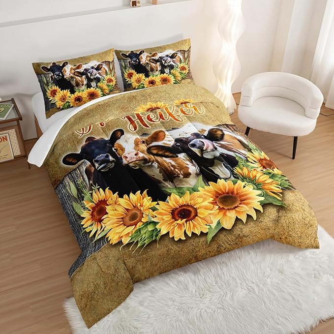 HOSIMA Farmhouse Animal Cow Comforter Western Bedding Sets,Kids Sunflower Comforter Twin Bed in a Bag for Girls Boys,Cow Print Bedding Room Decor,Floral Comforter Set with 2 Pillowcases.