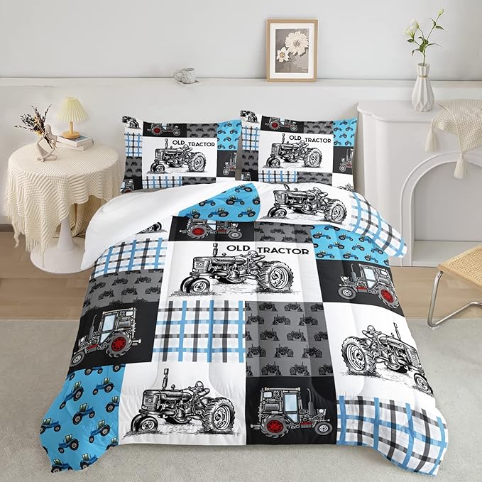 Axolotl Tractor Comforter Set Full Size,Cartoon Truck Car Comforter Set for Boys,Farm Excavator Bedding Set with Old Tractor for Kids Boys Teens Adult All Season,1 Quilt 2 Pillowcases