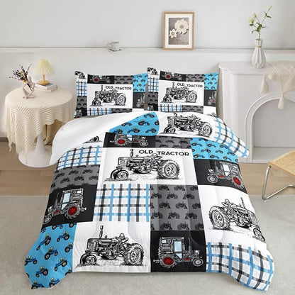 Axolotl Tractor Comforter Set Full Size,Cartoon Truck Car Comforter Set for Boys,Farm Excavator Bedding Set with Old Tractor for Kids Boys Teens Adult All Season,1 Quilt 2 Pillowcases